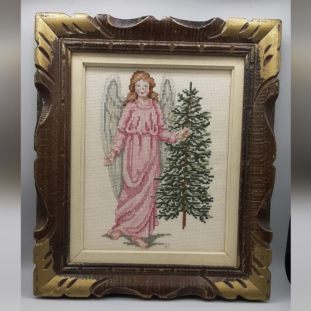 Vintage Handmade Cross Stitch Framed Angel With a Christmas Tree 14" x 12 1/4"